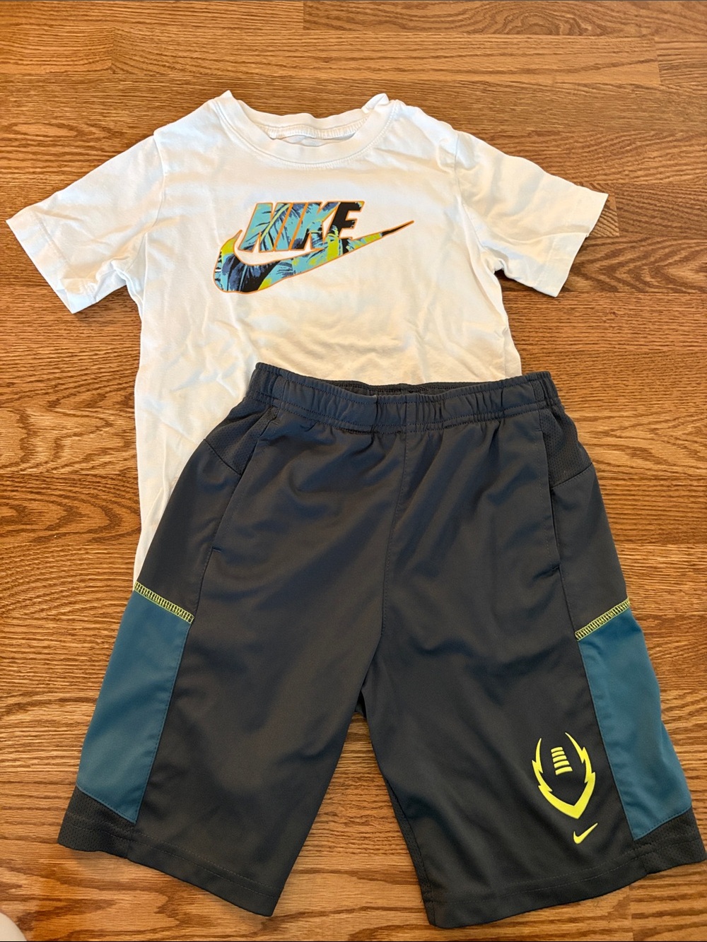 Bundle: 1 Nike White Tee with Multicolor Logo & 1 Dri Fit Shorts Size 7